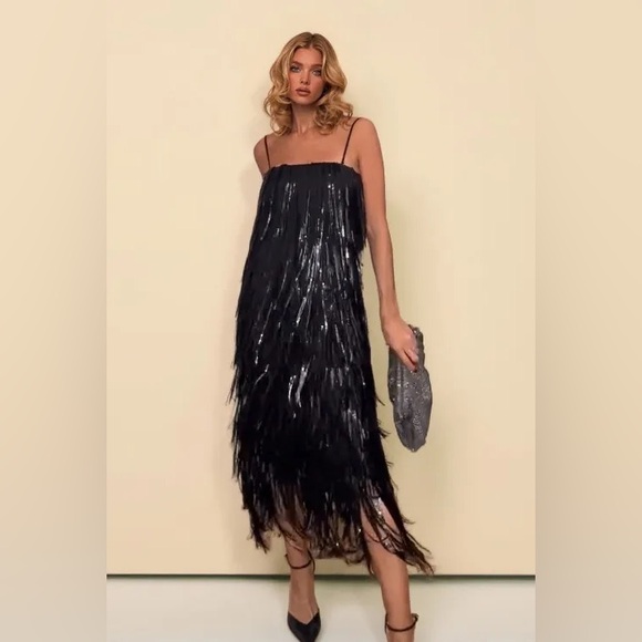 Zara Dresses & Skirts - Zara Black Fringe Midi Dress